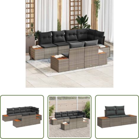 Cojín exterior -  Conjunto de sofá de jardín con cojín 7 pcs Gris ratán sintético