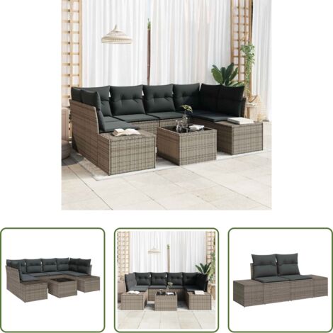 Cojín exterior -  Conjunto de sofá de jardín con cojín 7 pcs Gris ratán sintético