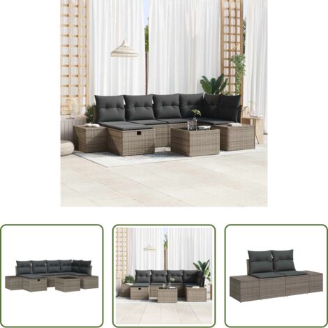 Cojín exterior -  Conjunto de sofá de jardín con cojín 7 pcs Gris ratán sintético