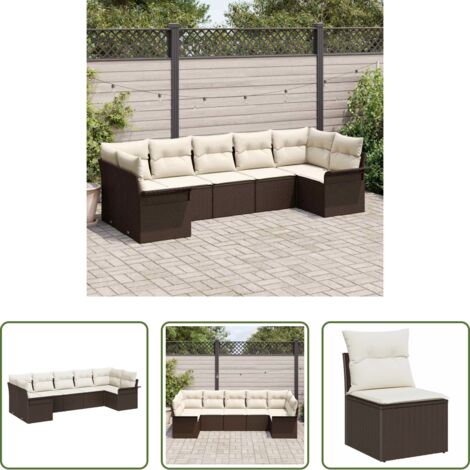 Cojín exterior -  Conjunto de sofá de jardín con cojín 7 pcs Marrón Poliratán