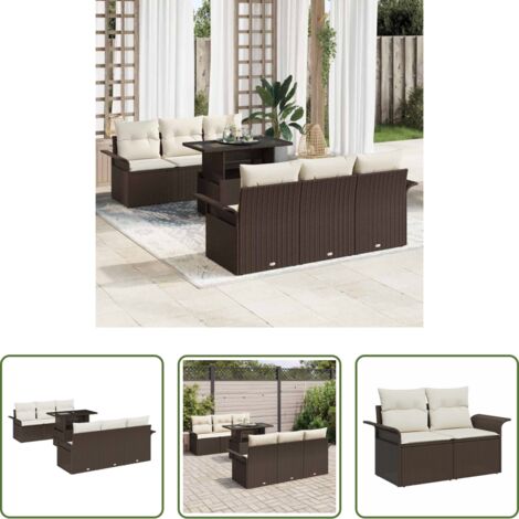 Cojín exterior -  Conjunto de sofá de jardín con cojín 7 pcs Marrón Poliratán