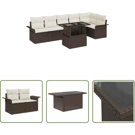 Cojín exterior -  Conjunto de sofá de jardín con cojín 7 pcs Marrón Poliratán