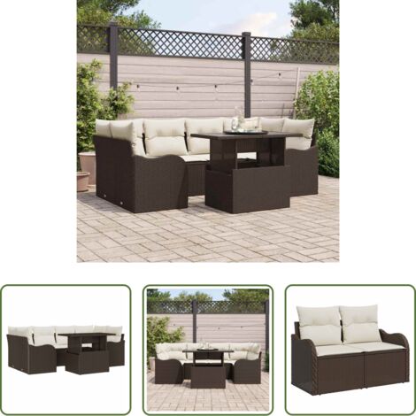 Cojín exterior -  Conjunto de sofá de jardín con cojín 7 pcs Marrón Poliratán