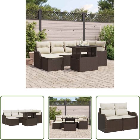 Cojín exterior -  Conjunto de sofá de jardín con cojín 7 pcs Marrón Poliratán