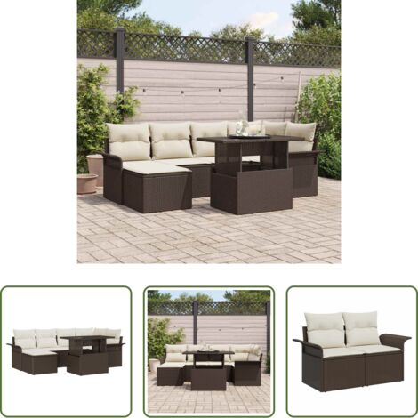Cojín exterior -  Conjunto de sofá de jardín con cojín 7 pcs Marrón Poliratán