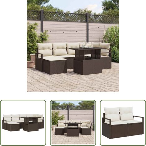 Cojín exterior -  Conjunto de sofá de jardín con cojín 7 pcs Marrón y crema