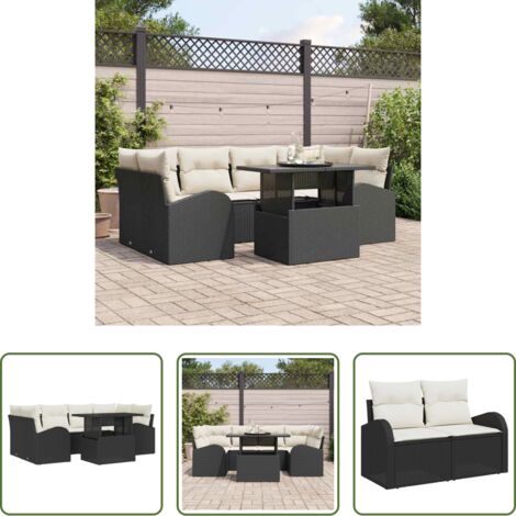 Cojín exterior -  Conjunto de sofá de jardín con cojín 7 pcs Negro Poliratán