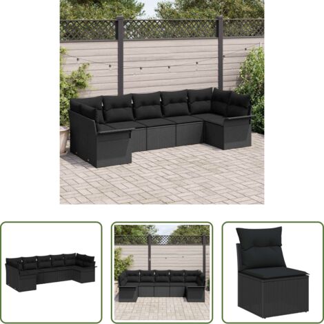 Cojín exterior -  Conjunto de sofá de jardín con cojín 7 pcs Negro Poliratán