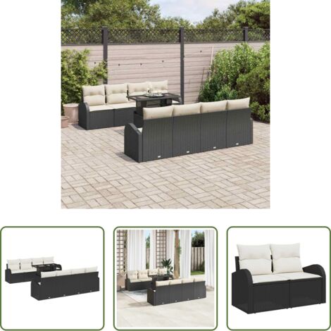 Cojín exterior -  Conjunto de sofá de jardín con cojín 7 pcs Negro Poliratán