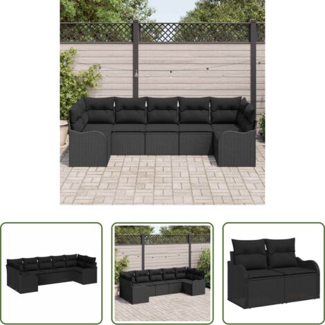 Cojín exterior -  Conjunto de sofá de jardín con cojín 7 pcs Negro Poliratán