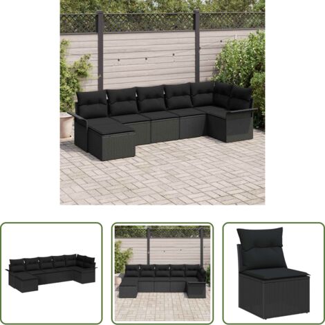 Cojín exterior -  Conjunto de sofá de jardín con cojín 7 pcs Negro Poliratán