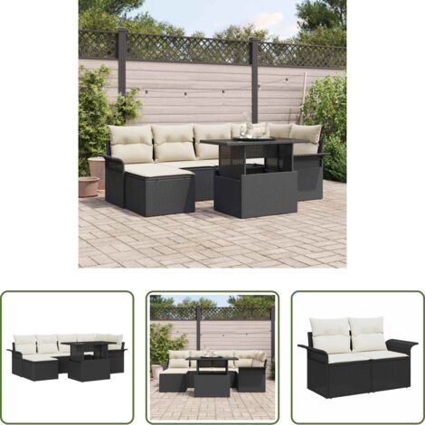 Cojín exterior -  Conjunto de sofá de jardín con cojín 7 pcs Negro Poliratán