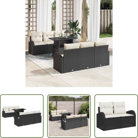 Cojín exterior -  Conjunto de sofá de jardín con cojín 7 pcs Negro Poliratán
