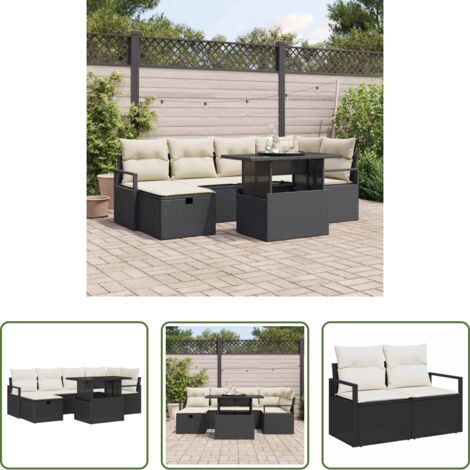 Cojín exterior -  Conjunto de sofá de jardín con cojín 7 pcs Negro Poliratán