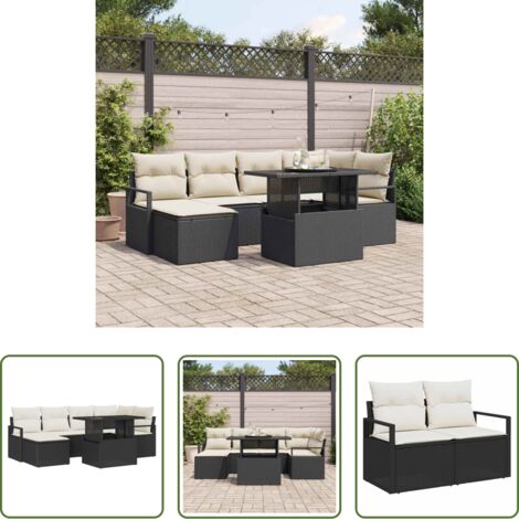 Cojín exterior -  Conjunto de sofá de jardín con cojín 7 pcs Negro y crema