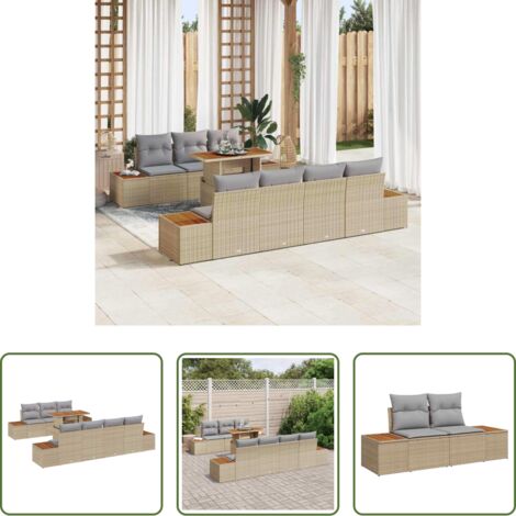 Cojín exterior -  Conjunto de sofá de jardín con cojín 8 pcs Beige Poliratán