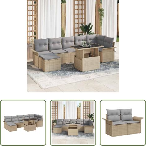 Cojín exterior -  Conjunto de sofá de jardín con cojín 8 pcs Beige Poliratán