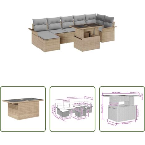 Cojín exterior -  Conjunto de sofá de jardín con cojín 8 pcs Beige Poliratán