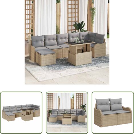 Cojín exterior -  Conjunto de sofá de jardín con cojín 8 pcs Beige Poliratán