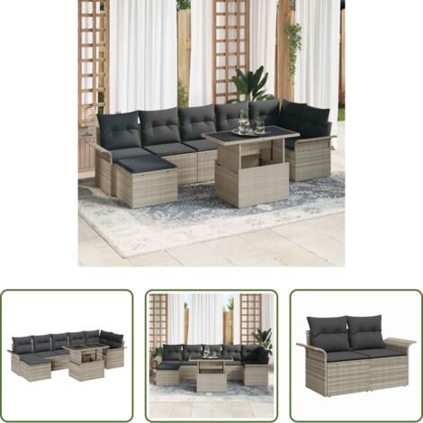 Cojín exterior -  Conjunto de sofá de jardín con cojín 8 pcs Gris claro Poliratán
