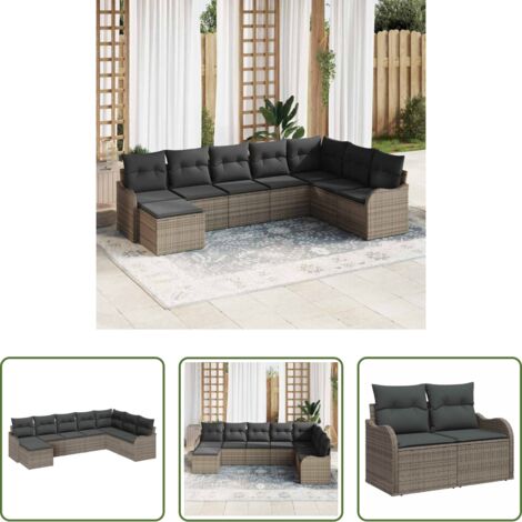 Cojín exterior -  Conjunto de sofá de jardín con cojín 8 pcs Gris Poliratán
