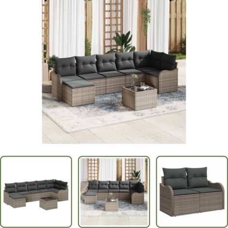 Cojín exterior -  Conjunto de sofá de jardín con cojín 8 pcs Gris Poliratán