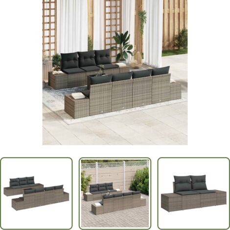 Cojín exterior -  Conjunto de sofá de jardín con cojín 8 pcs Gris ratán sintético