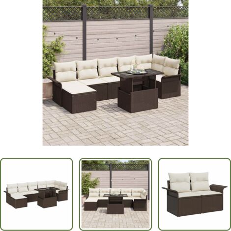 Cojín exterior -  Conjunto de sofá de jardín con cojín 8 pcs Marrón Poliratán