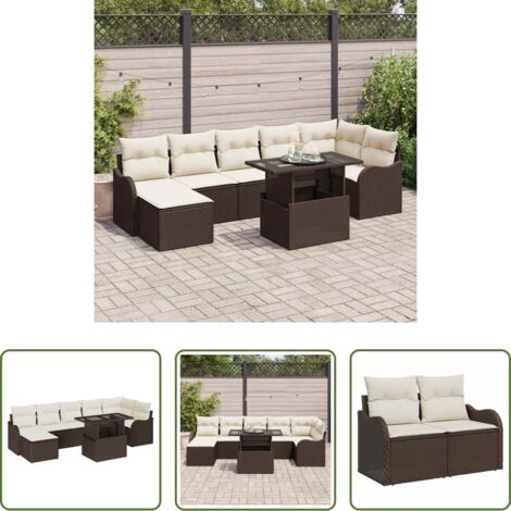 Cojín exterior -  Conjunto de sofá de jardín con cojín 8 pcs Marrón Poliratán