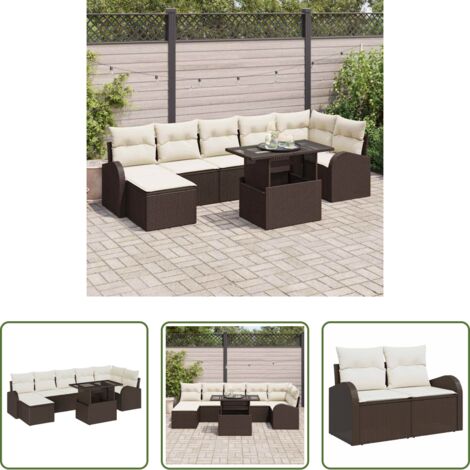 Cojín exterior -  Conjunto de sofá de jardín con cojín 8 pcs Marrón y crema