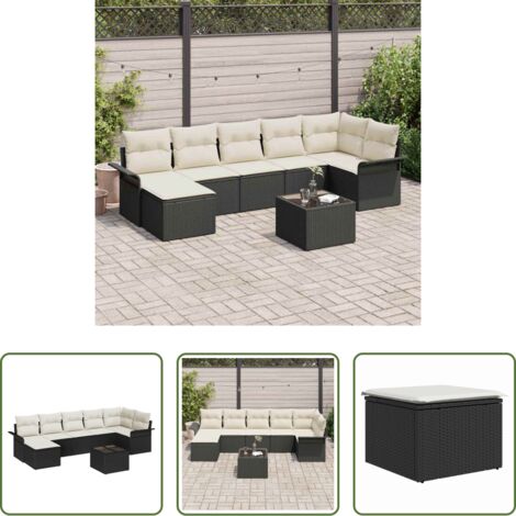 Cojín exterior -  Conjunto de sofá de jardín con cojín 8 pcs Negro Poliratán