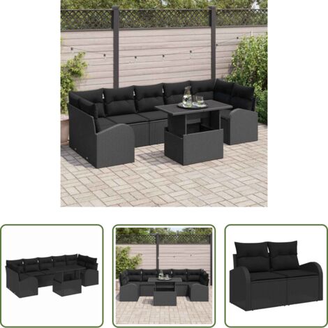 Cojín exterior -  Conjunto de sofá de jardín con cojín 8 pcs Negro Poliratán