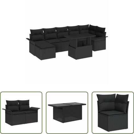 Cojín exterior -  Conjunto de sofá de jardín con cojín 8 pcs Negro Poliratán