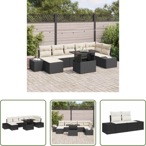 Cojín exterior -  Conjunto de sofá de jardín con cojín 8 pcs Negro y crema