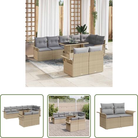Cojín exterior -  Conjunto de sofá de jardín con cojín 9 pcs Beige Poliratán