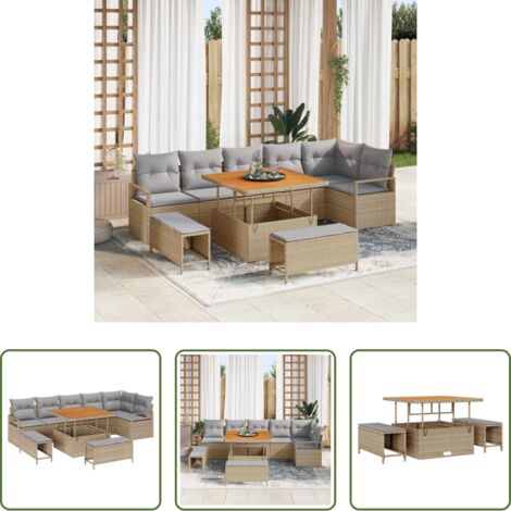 Cojín exterior -  Conjunto de sofá de jardín con cojín 9 pcs Beige Poliratán