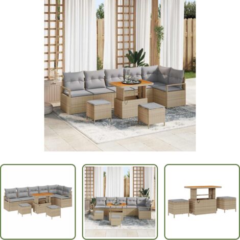 Cojín exterior -  Conjunto de sofá de jardín con cojín 9 pcs Beige Poliratán