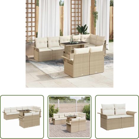 Cojín exterior -  Conjunto de sofá de jardín con cojín 9 pcs Beige Poliratán