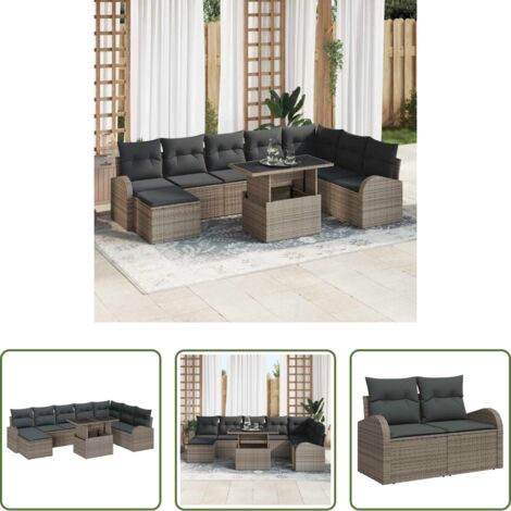 Cojín exterior -  Conjunto de sofá de jardín con cojín 9 pcs Gris