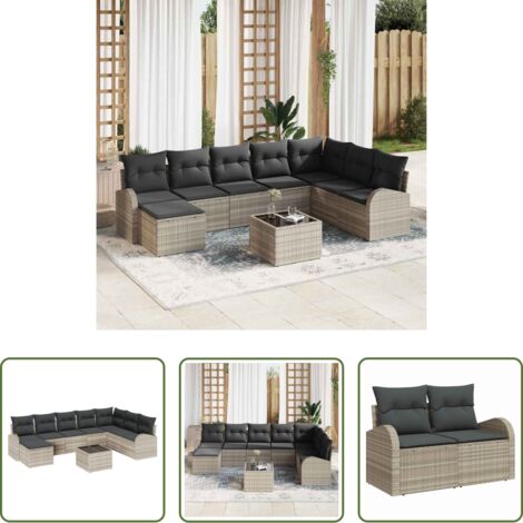 Cojín exterior -  Conjunto de sofá de jardín con cojín 9 pcs Gris claro Poliratán