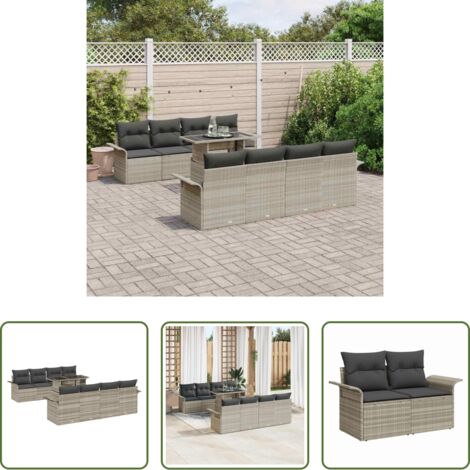 Cojín exterior -  Conjunto de sofá de jardín con cojín 9 pcs Gris Claro Poliratán