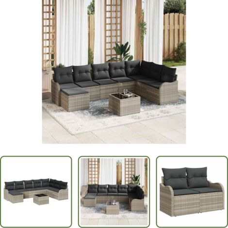 Cojín exterior -  Conjunto de sofá de jardín con cojín 9 pcs Gris claro Poliratán