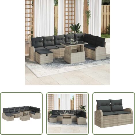 Cojín exterior -  Conjunto de sofá de jardín con cojín 9 pcs Gris claro Poliratán