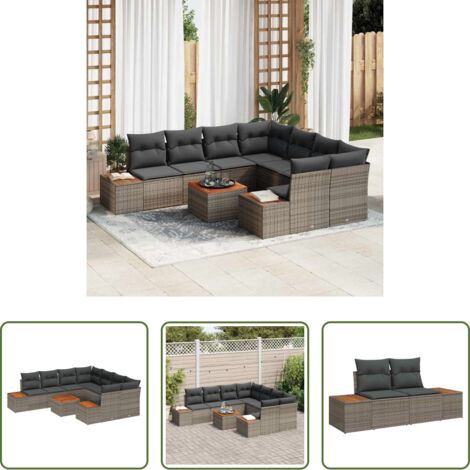 Cojín exterior -  Conjunto de sofá de jardín con cojín 9 pcs Gris Poliratán