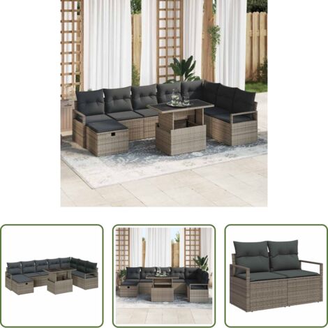 Cojín exterior -  Conjunto de sofá de jardín con cojín 9 pcs Gris Poliratán