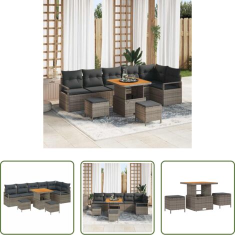 Cojín exterior -  Conjunto de sofá de jardín con cojín 9 pcs Gris Poliratán
