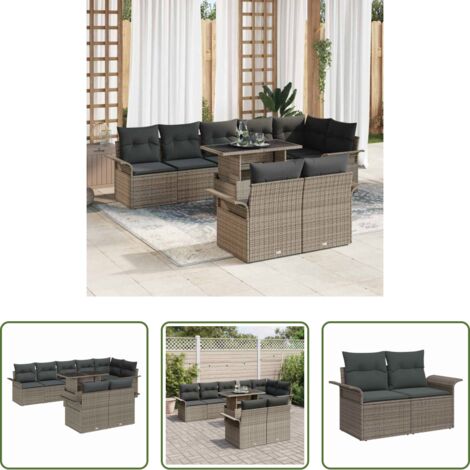 Cojín exterior -  Conjunto de sofá de jardín con cojín 9 pcs Gris Poliratán