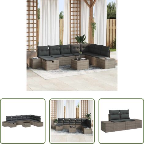 Cojín exterior -  Conjunto de sofá de jardín con cojín 9 pcs Gris ratán sintético