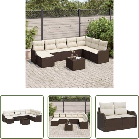 Cojín exterior -  Conjunto de sofá de jardín con cojín 9 pcs Marrón Poliratán