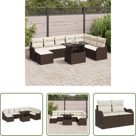 Cojín exterior -  Conjunto de sofá de jardín con cojín 9 pcs Marrón Poliratán